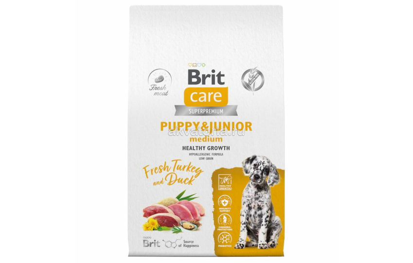 Корм для щенков средних пород Brit Care Superpremium Dog Puppy&Junior M, утка и индейка, 1,5 кг