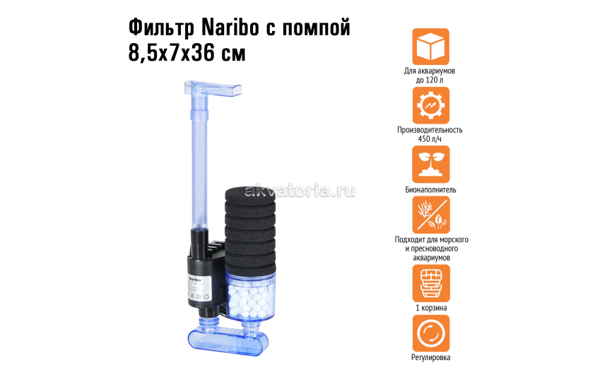 Naribo фильтр с помпой (открытая губка + био-наполнитель) 8,5х7х36см