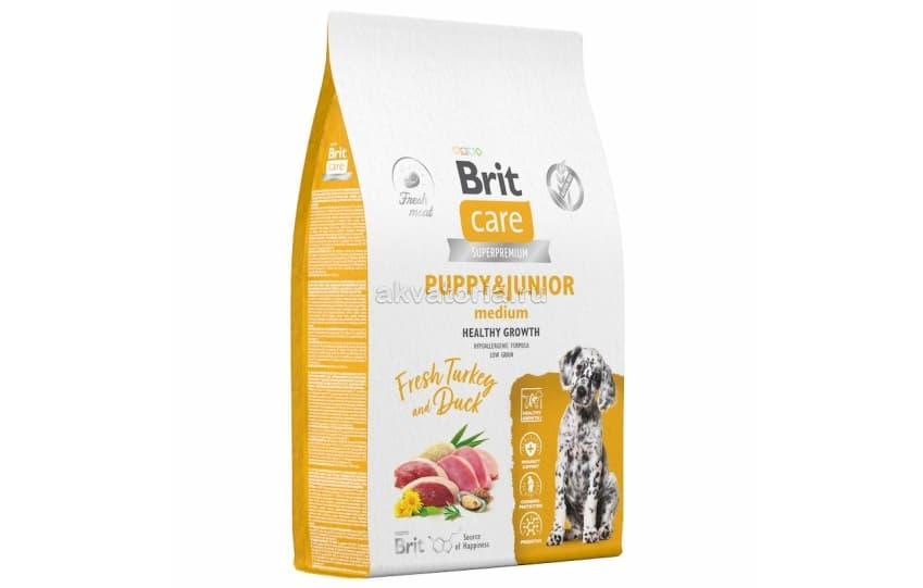 Корм для щенков средних пород Brit Care Superpremium Dog Puppy&Junior M, утка и индейка, 12 кг