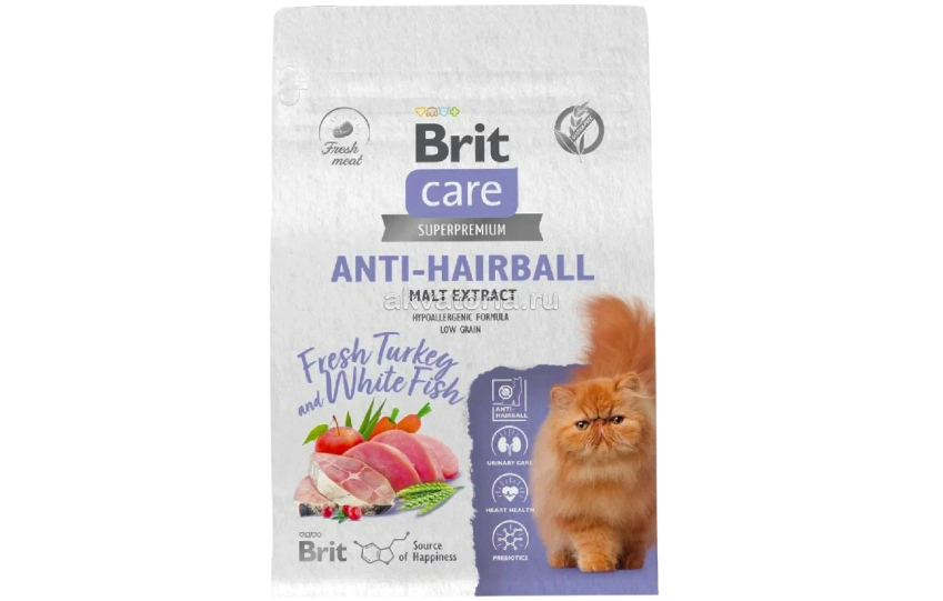 Корм для взрослых кошек Brit Care Cat Anti-Hairball, рыба и индейка, 7 кг