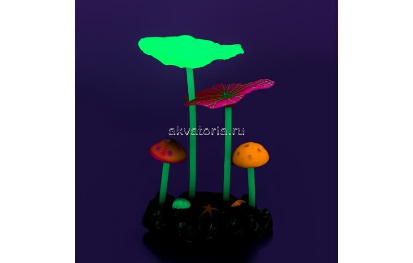Искусственная декорация флуоресцентная GLOXY 2 гриба и 2 листа Лотоса