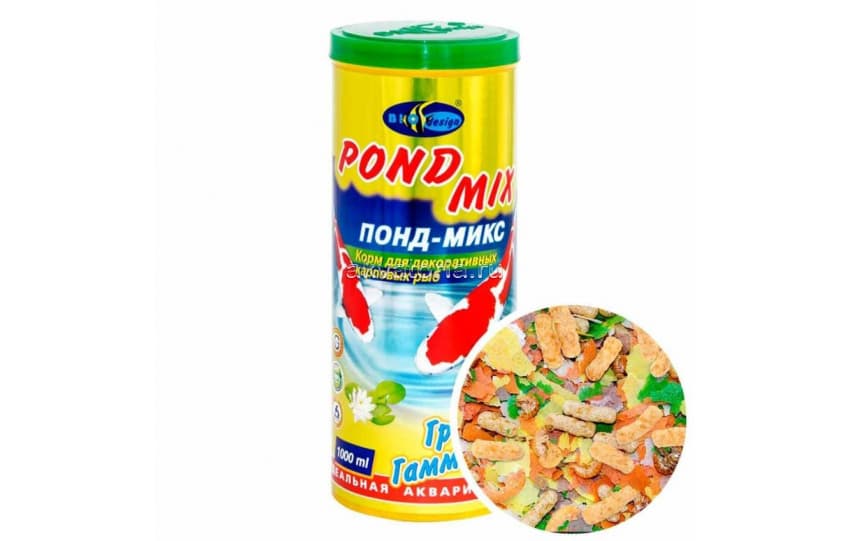 Корм для прудовых рыб Биодизайн Понд Микс, хлопья, гранулы и гаммарус, 1 л