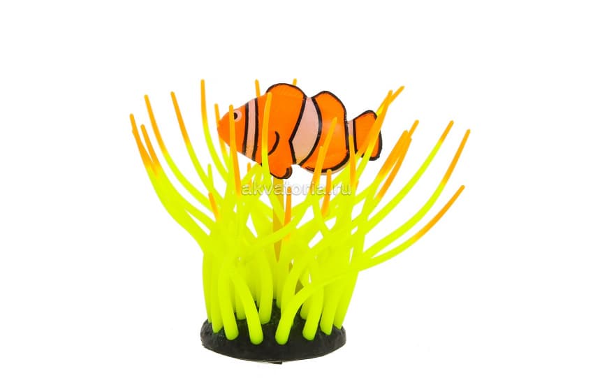 Искусственная декорация флуоресцентная GLOXY Рыба клоун в анемоне, жёлтая