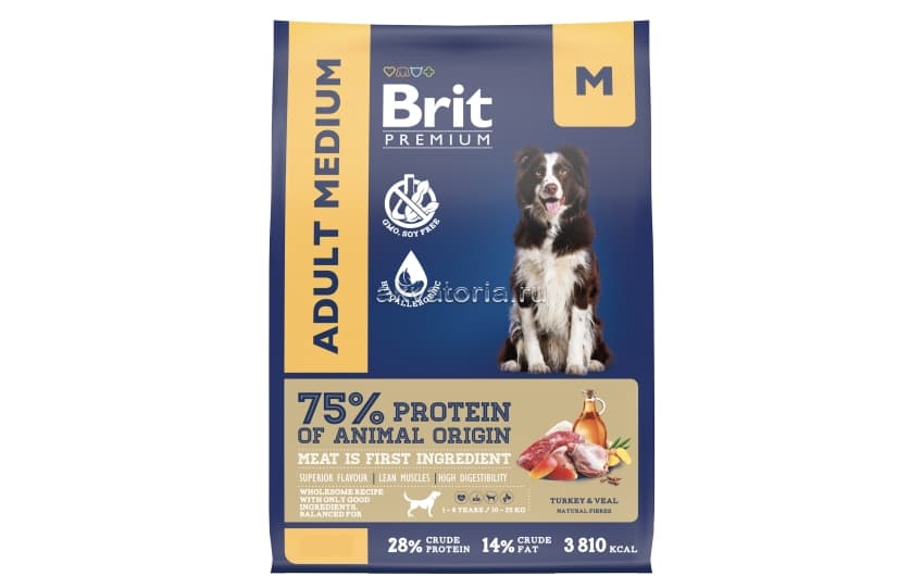 Корм для взрослых собак средних пород Brit Premium Dog Adult Medium, телятина и индейка, 15 кг