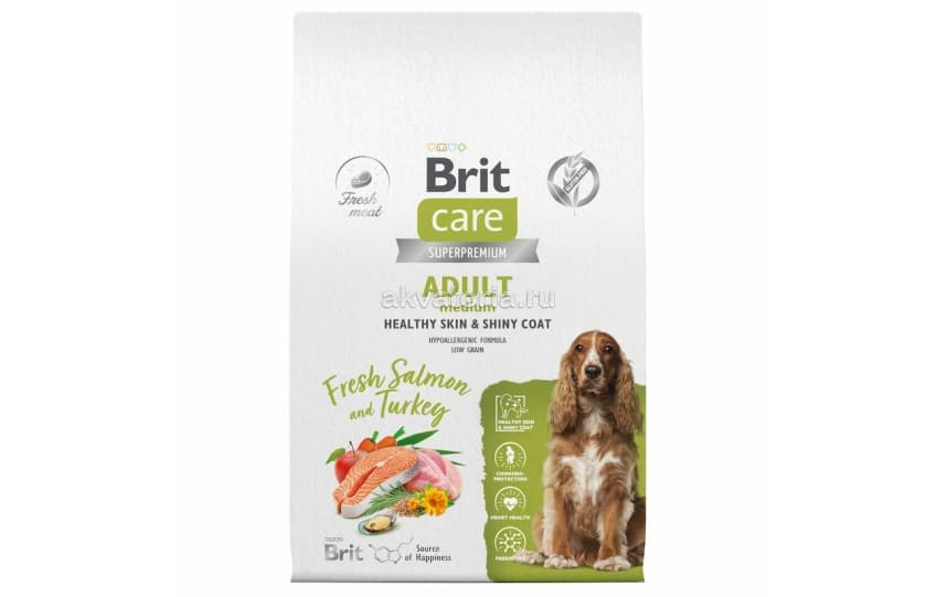 Корм для взрослых собак средних пород Brit Care Dog Adult M Healthy Skin&Shiny Coat, лосось и индейка, 12 кг