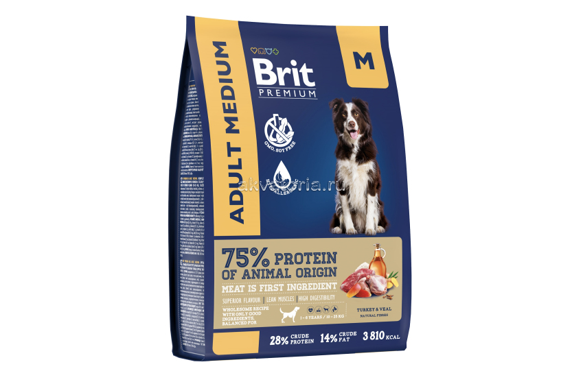 Корм для взрослых собак средних пород Brit Premium Dog Adult Medium, телятина и индейка, 3 кг